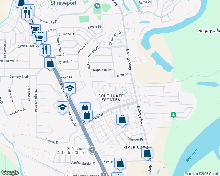 map of restaurants, bars, coffee shops, grocery stores, and more near 37 Chimney Stone Way in Shreveport