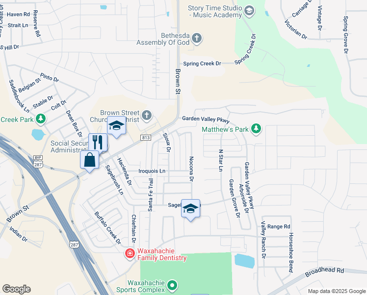 map of restaurants, bars, coffee shops, grocery stores, and more near 218 Sendero Drive in Waxahachie