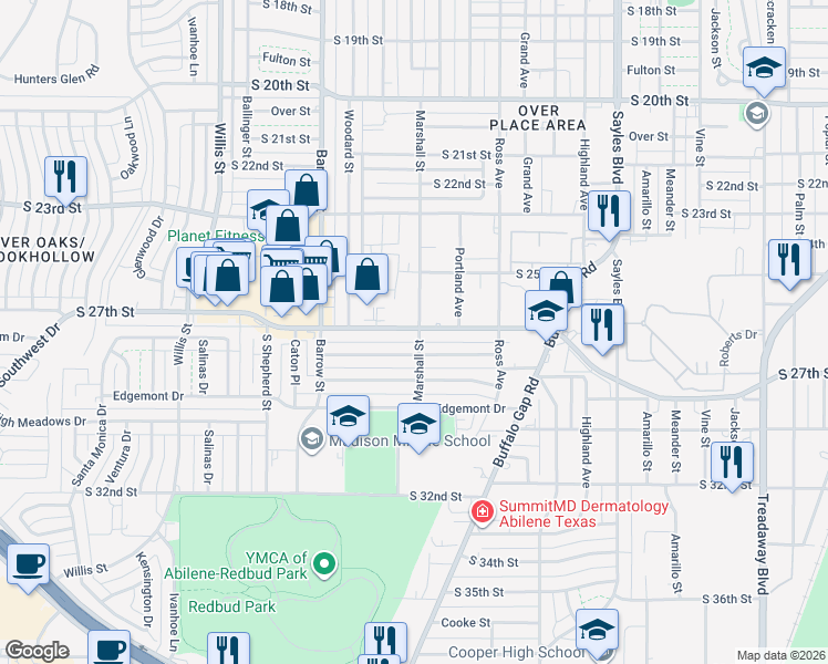map of restaurants, bars, coffee shops, grocery stores, and more near 2802 South 28th Street in Abilene
