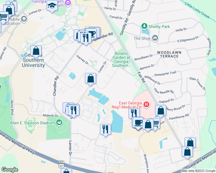 map of restaurants, bars, coffee shops, grocery stores, and more near 22 University Place in Statesboro