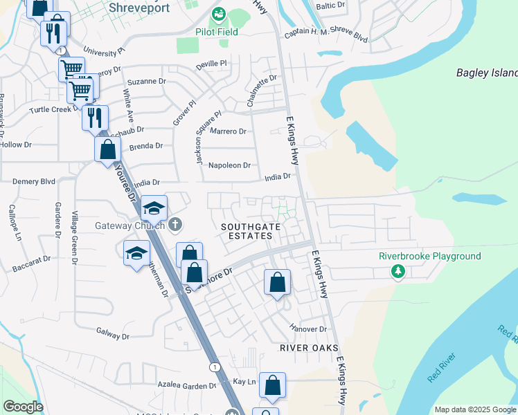 map of restaurants, bars, coffee shops, grocery stores, and more near 279 Settlers Park Drive in Shreveport