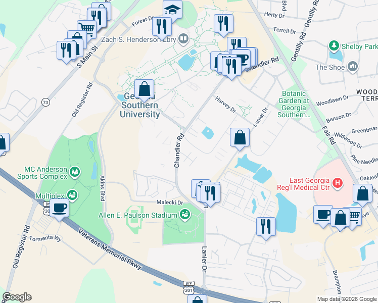 map of restaurants, bars, coffee shops, grocery stores, and more near 403 Knight Drive in Statesboro