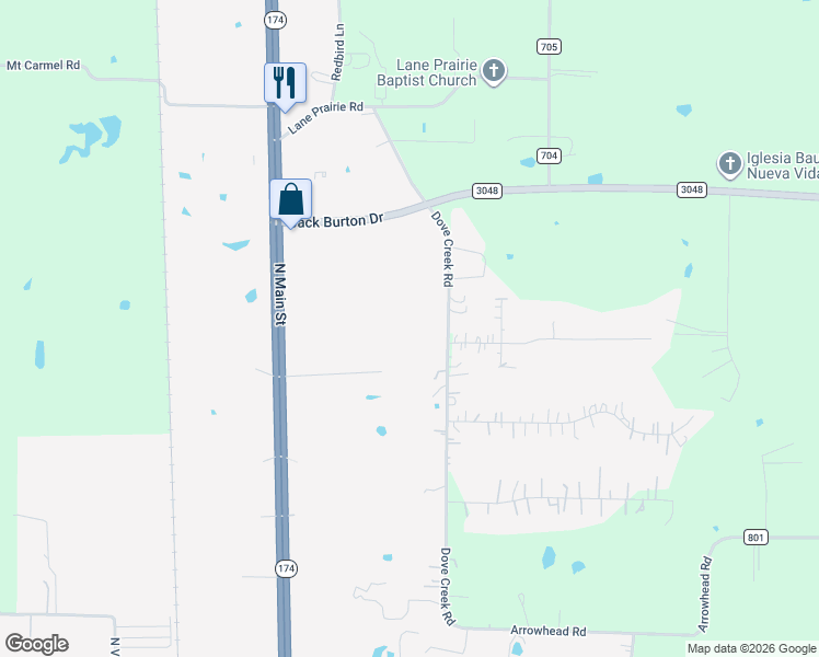 map of restaurants, bars, coffee shops, grocery stores, and more near 3601 Dove Creek Road in Cleburne