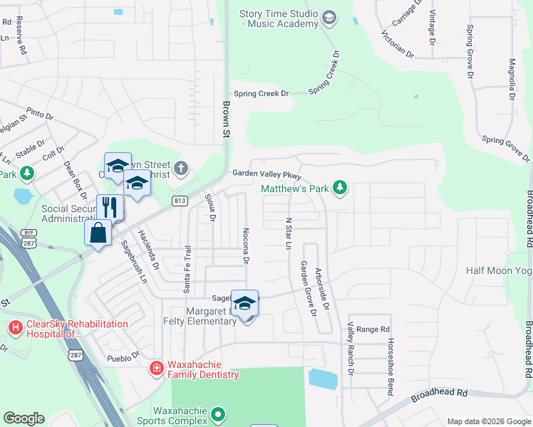 map of restaurants, bars, coffee shops, grocery stores, and more near 416 Mulberry Lane in Waxahachie