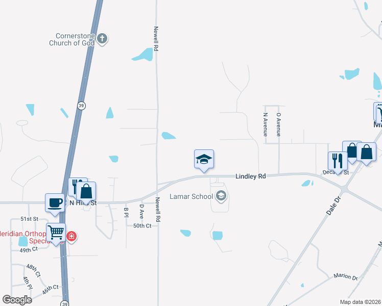map of restaurants, bars, coffee shops, grocery stores, and more near 525 Lindley Road in Meridian