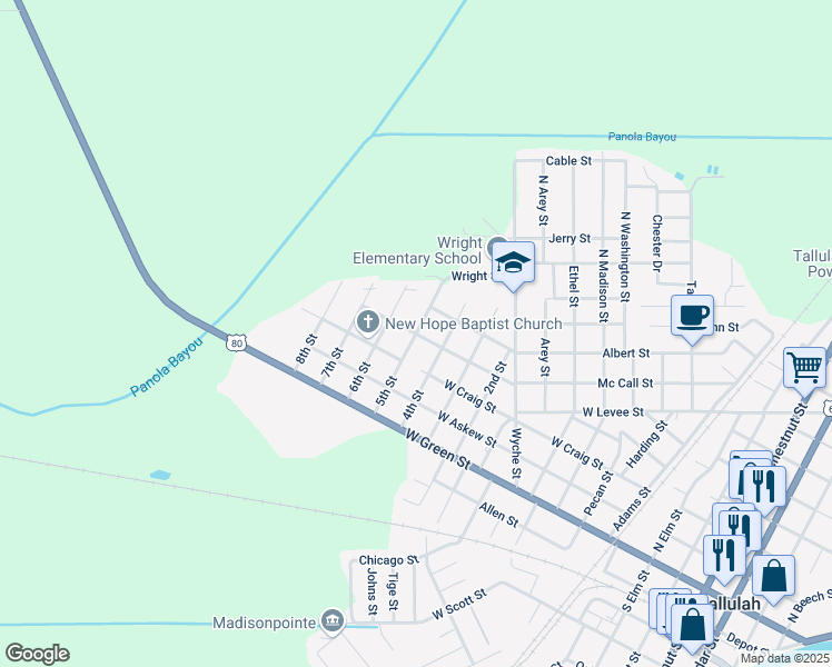 map of restaurants, bars, coffee shops, grocery stores, and more near 501 5th Street in Tallulah