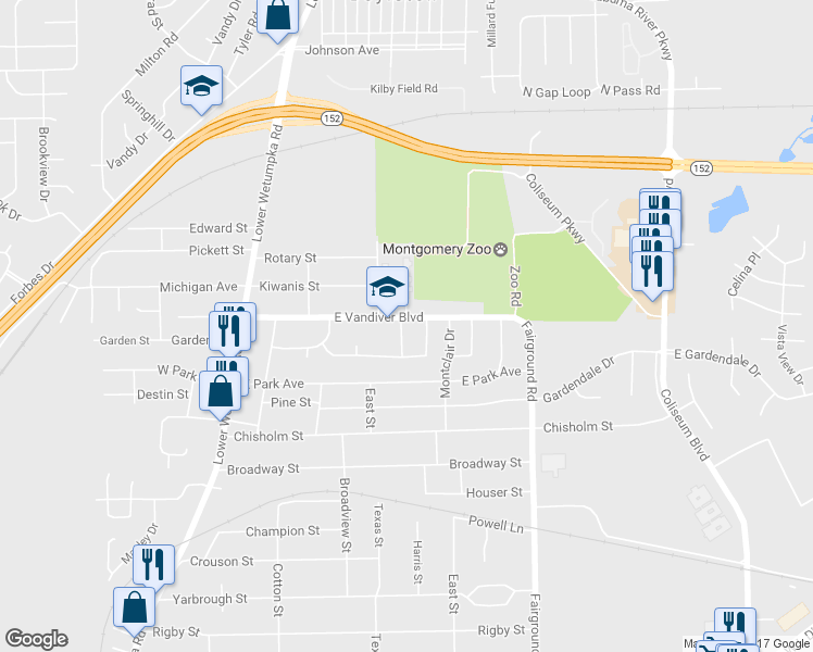 map of restaurants, bars, coffee shops, grocery stores, and more near 400 East Vandiver Boulevard in Montgomery