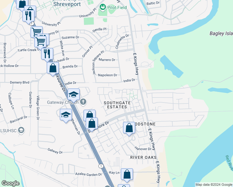 map of restaurants, bars, coffee shops, grocery stores, and more near 308 Settlers Park Drive in Shreveport