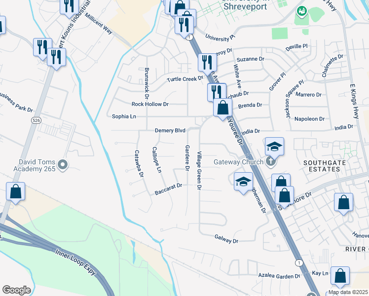 map of restaurants, bars, coffee shops, grocery stores, and more near 9618 Gardere Drive in Shreveport