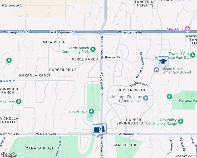 map of restaurants, bars, coffee shops, grocery stores, and more near 11655 North Red Creek Place in Oro Valley