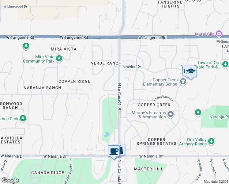 map of restaurants, bars, coffee shops, grocery stores, and more near 1427 West Red Creek Drive in Oro Valley