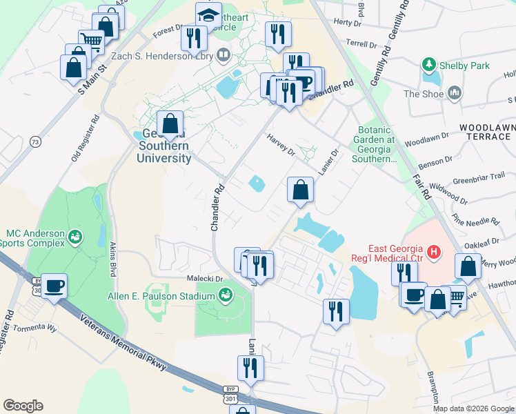 map of restaurants, bars, coffee shops, grocery stores, and more near 251 Knight Drive in Statesboro