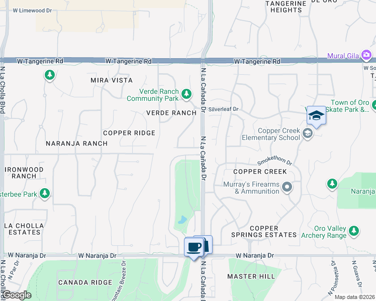 map of restaurants, bars, coffee shops, grocery stores, and more near 1451 West Red Creek Drive in Oro Valley