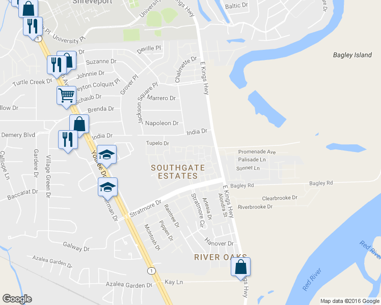 map of restaurants, bars, coffee shops, grocery stores, and more near 206 Settlers Park Drive in Shreveport