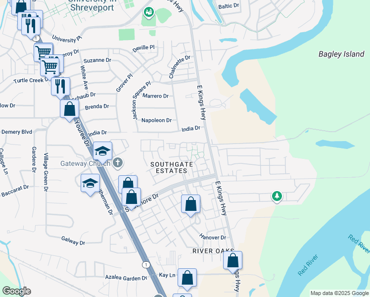 map of restaurants, bars, coffee shops, grocery stores, and more near 159 Settlers Trce in Shreveport