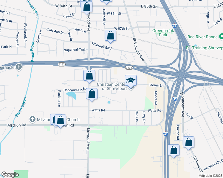 map of restaurants, bars, coffee shops, grocery stores, and more near Concourse D Street in Shreveport