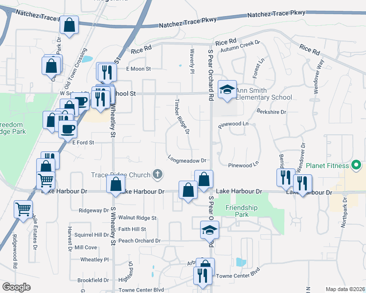 map of restaurants, bars, coffee shops, grocery stores, and more near 328 West Timber Ridge Court in Ridgeland