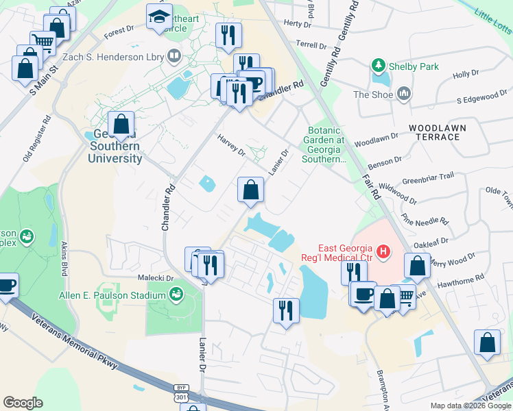 map of restaurants, bars, coffee shops, grocery stores, and more near 116 Lanier Drive in Statesboro
