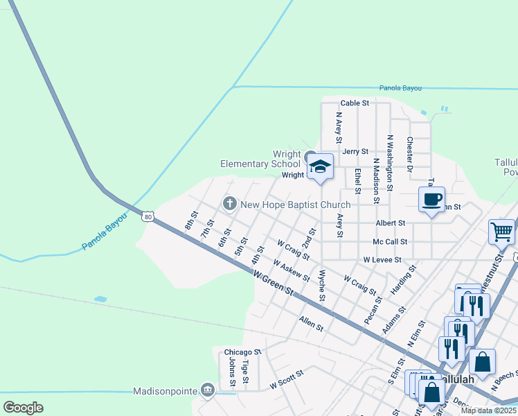 map of restaurants, bars, coffee shops, grocery stores, and more near 501-513 5th Street in Tallulah