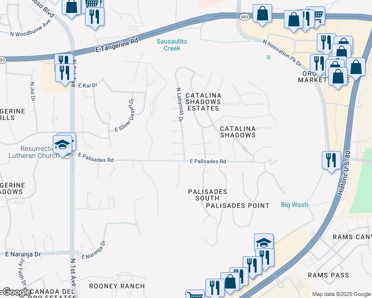 map of restaurants, bars, coffee shops, grocery stores, and more near 11656 North Labyrinth Drive in Tucson