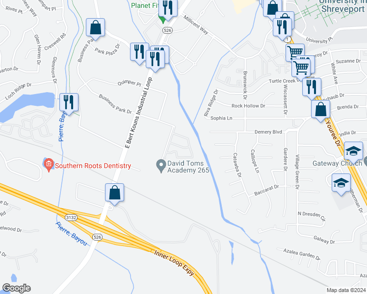 map of restaurants, bars, coffee shops, grocery stores, and more near 8891 Sugarland Drive in Shreveport