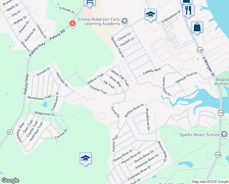 map of restaurants, bars, coffee shops, grocery stores, and more near 2507 Elk Trail in Granbury