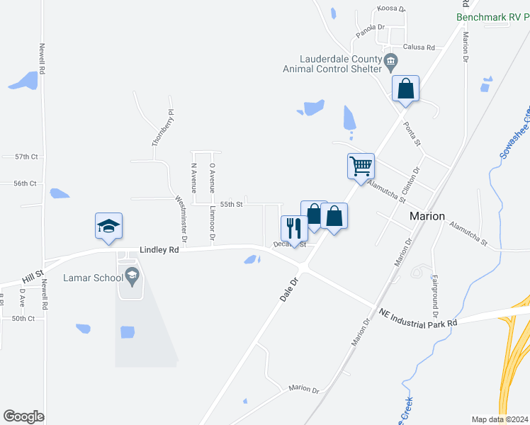 map of restaurants, bars, coffee shops, grocery stores, and more near 5416 Crepe Myrtle Drive in Marion