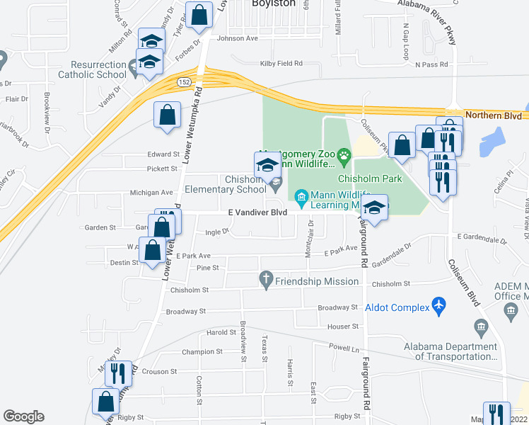map of restaurants, bars, coffee shops, grocery stores, and more near 303 East Vandiver Boulevard in Montgomery