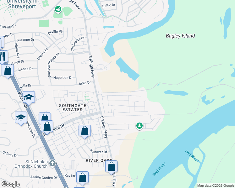 map of restaurants, bars, coffee shops, grocery stores, and more near 144 Promenade Avenue in Shreveport