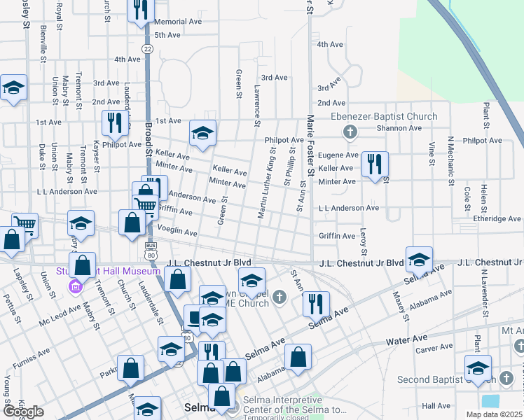 map of restaurants, bars, coffee shops, grocery stores, and more near Martin Luther King Street in Selma