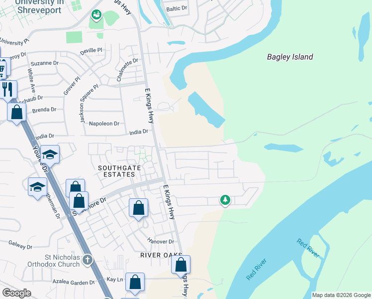 map of restaurants, bars, coffee shops, grocery stores, and more near 136 Promenade Avenue in Shreveport