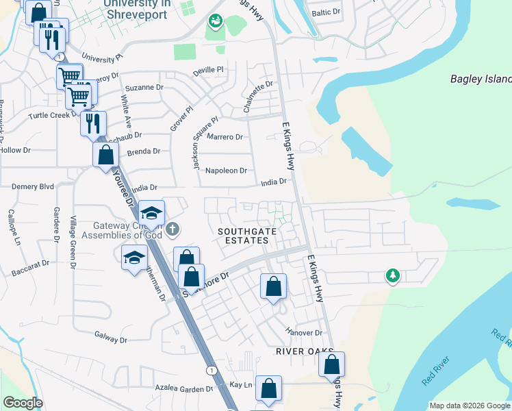map of restaurants, bars, coffee shops, grocery stores, and more near 291 Settlers Park Drive in Shreveport