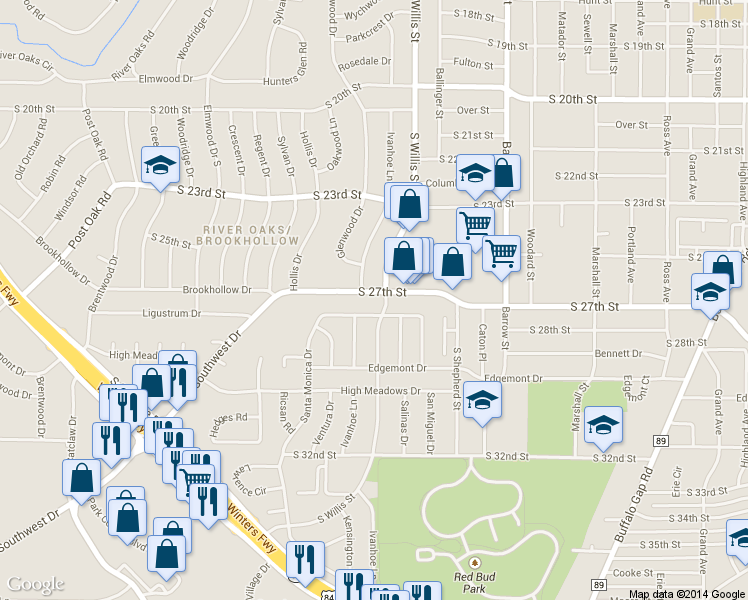 map of restaurants, bars, coffee shops, grocery stores, and more near 3302 South 27th Street in Abilene