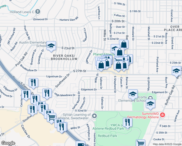 map of restaurants, bars, coffee shops, grocery stores, and more near 3349 South 27th Street in Abilene