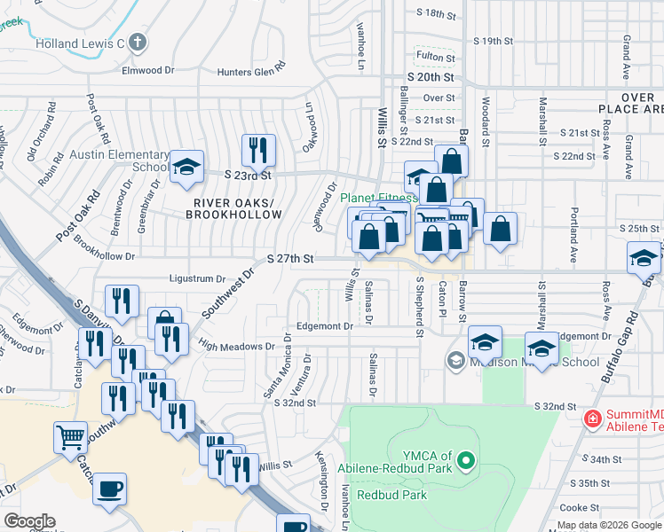 map of restaurants, bars, coffee shops, grocery stores, and more near 3349 South 27th Street in Abilene