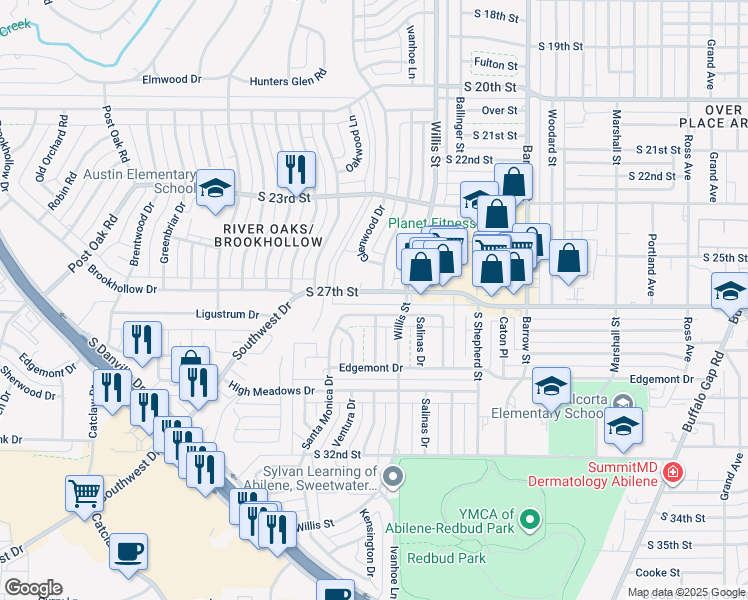 map of restaurants, bars, coffee shops, grocery stores, and more near 3349 South 27th Street in Abilene