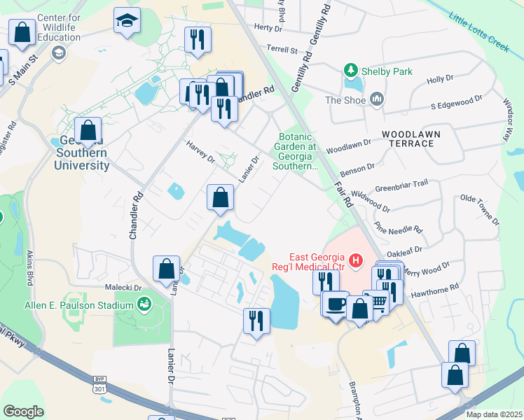 map of restaurants, bars, coffee shops, grocery stores, and more near 4 Southern Court in Statesboro