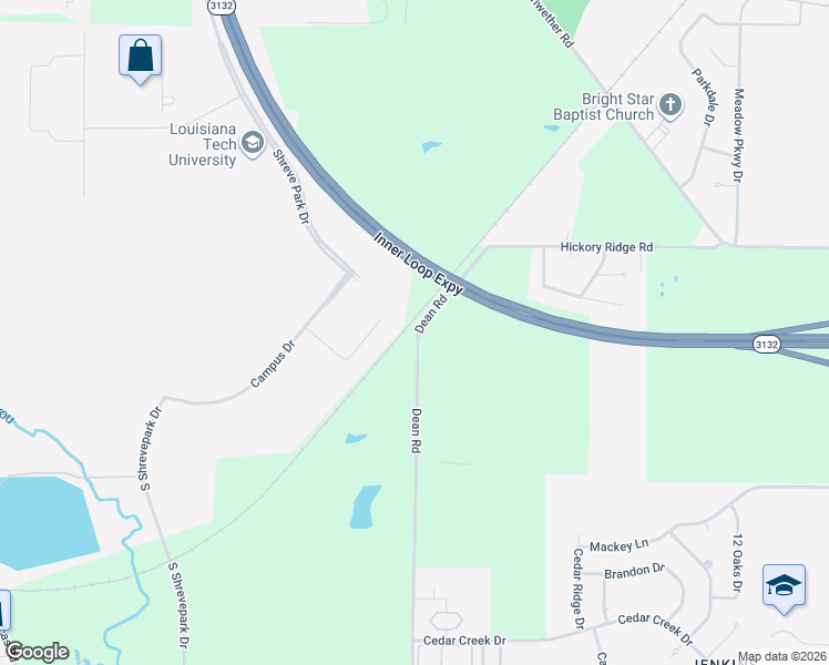 map of restaurants, bars, coffee shops, grocery stores, and more near Dean Road in Shreveport