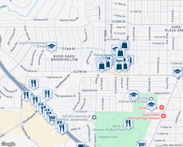 map of restaurants, bars, coffee shops, grocery stores, and more near 3333 South 27th Street in Abilene