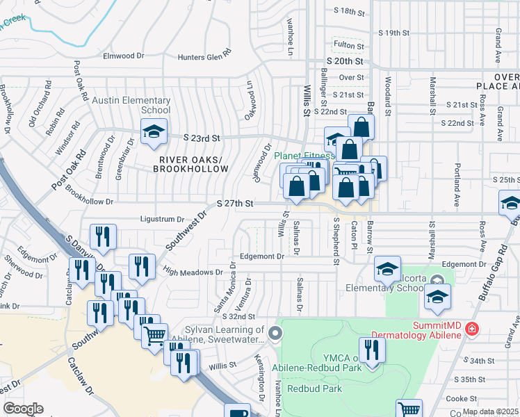 map of restaurants, bars, coffee shops, grocery stores, and more near 3349 South 27th Street in Abilene