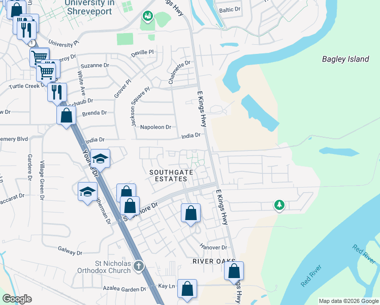 map of restaurants, bars, coffee shops, grocery stores, and more near 140 Chimney Stone Way in Shreveport