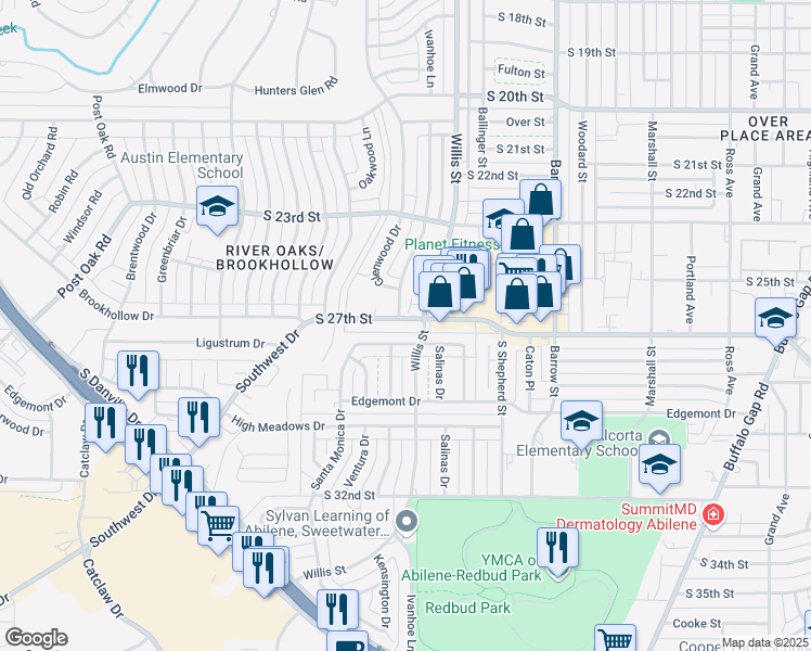 map of restaurants, bars, coffee shops, grocery stores, and more near 3317 South 27th Street in Abilene
