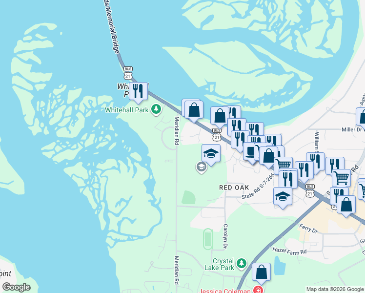 map of restaurants, bars, coffee shops, grocery stores, and more near 21 Meridian Road in Beaufort