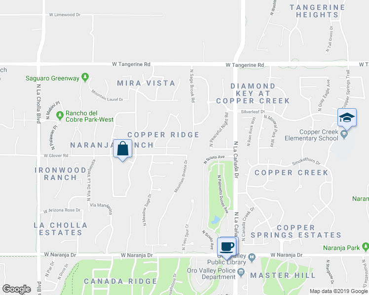 map of restaurants, bars, coffee shops, grocery stores, and more near 1581 West Thorntree Drive in Oro Valley