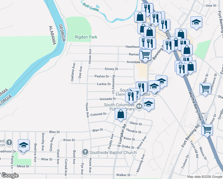 map of restaurants, bars, coffee shops, grocery stores, and more near 2952 Luckie Street in Columbus