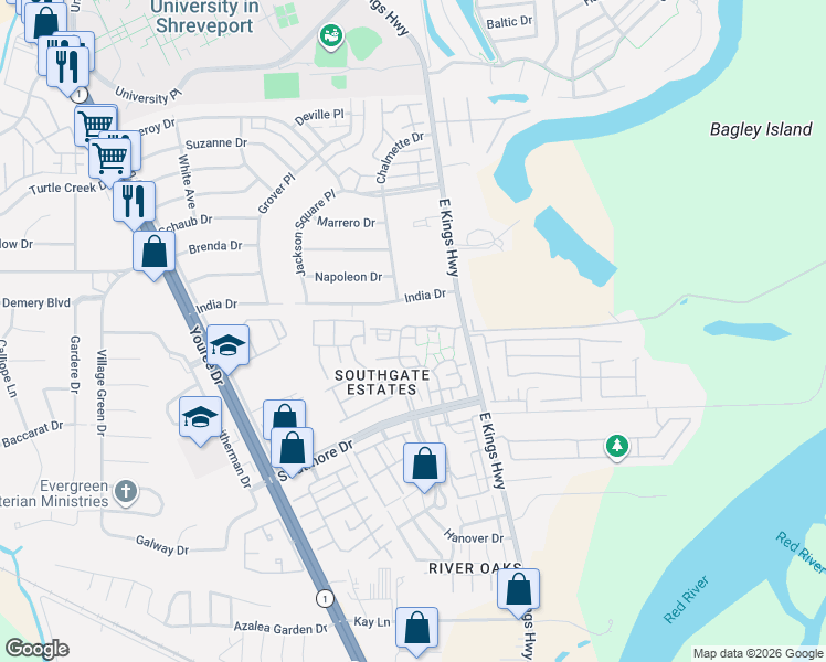 map of restaurants, bars, coffee shops, grocery stores, and more near 206 Settlers Park Drive in Shreveport