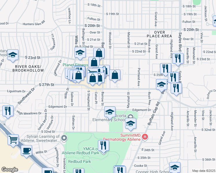 map of restaurants, bars, coffee shops, grocery stores, and more near 2626 Woodard Street in Abilene