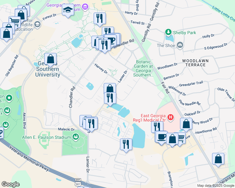 map of restaurants, bars, coffee shops, grocery stores, and more near 4 Southern Court in Statesboro