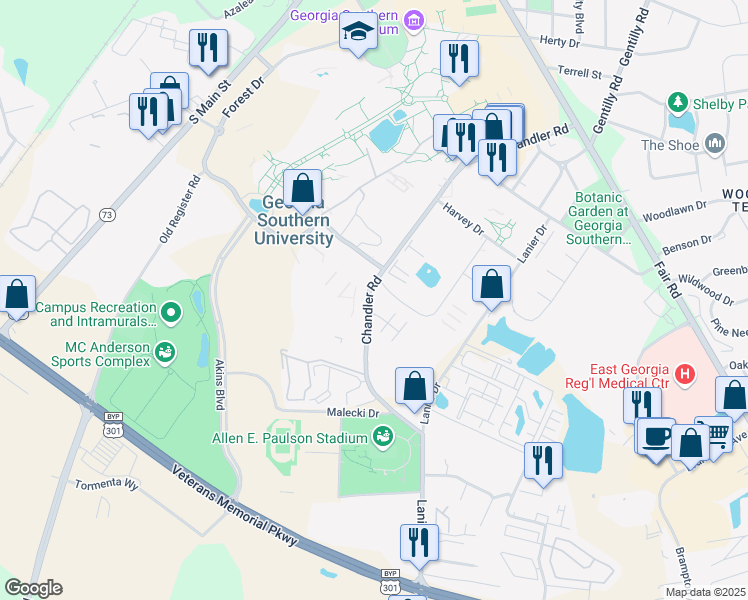 map of restaurants, bars, coffee shops, grocery stores, and more near 403 Knight Drive in Statesboro