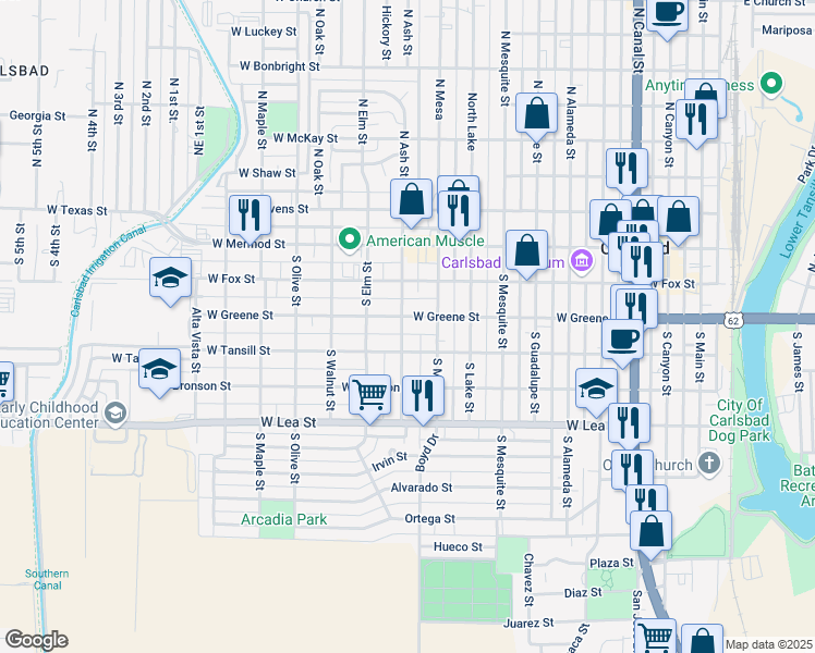 map of restaurants, bars, coffee shops, grocery stores, and more near 911 West Greene Street in Carlsbad